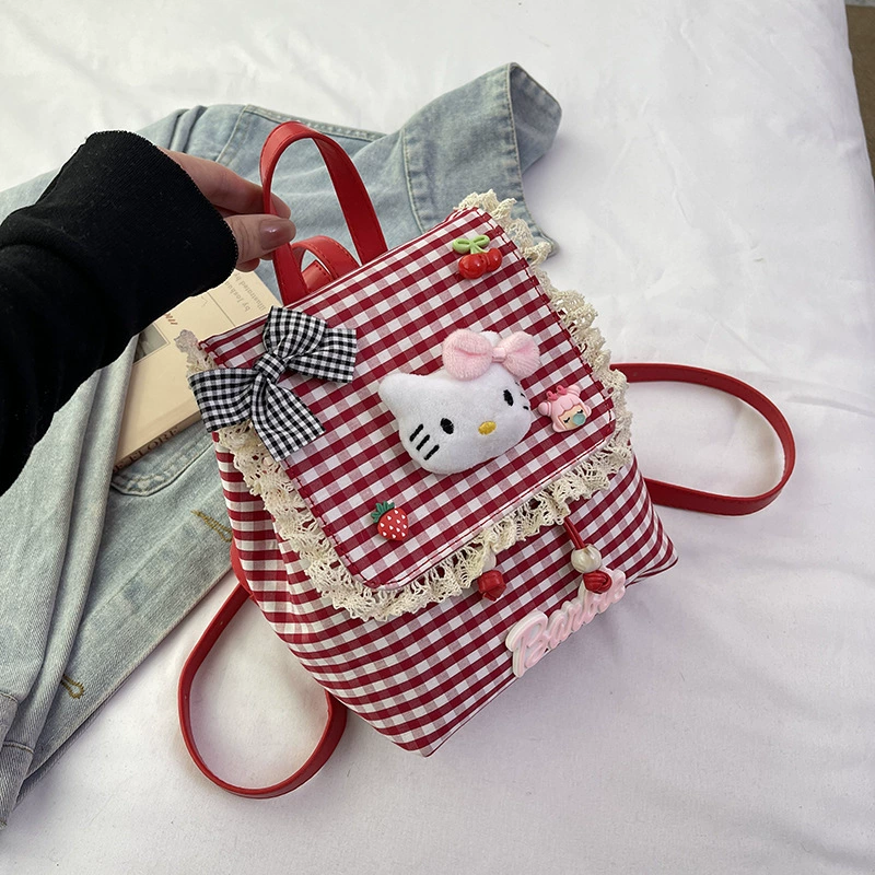 Мини‑рюкзак (Hello Kitty) в клетку с кружевом, 17×9×21 см, лёгкий 0,27 кг