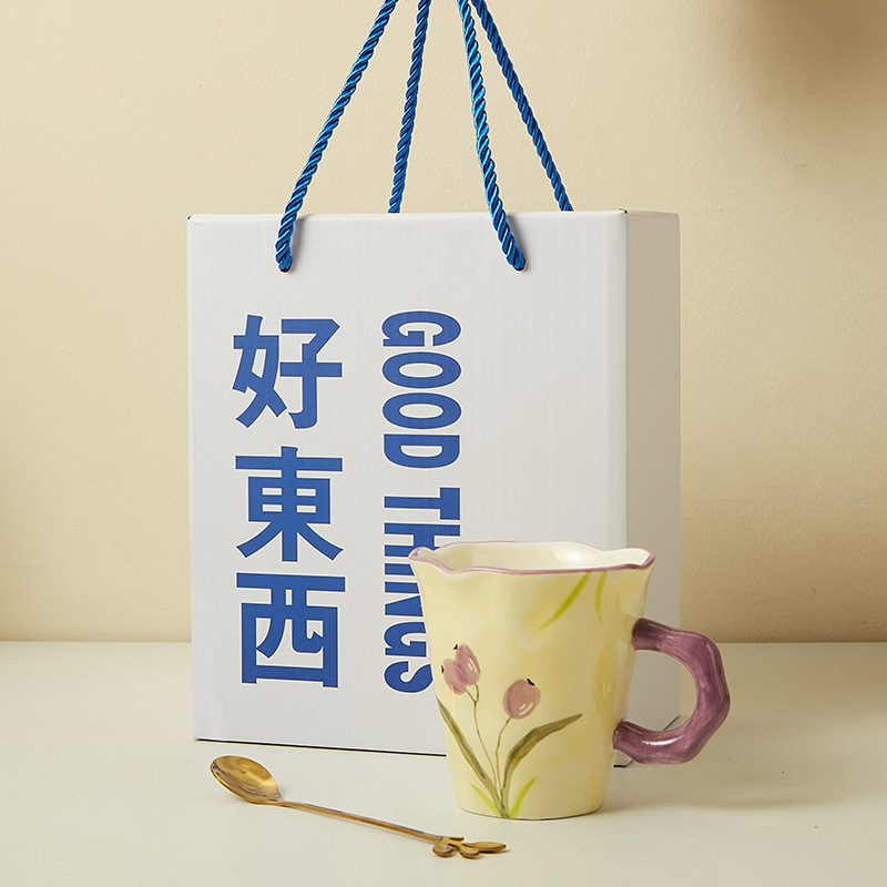 Creativa mano pequeña taza de tulipán fresca taza de cerámica flor pintada a mano taza de oficina caja de regalo taza de café y leche