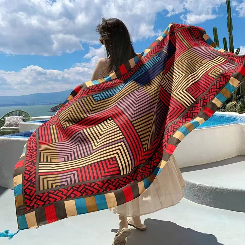 Sopa de satén de twill para mujeres 2025 bufandas de viento nacional de verano tibetanas bufandas de seda protector solar lago Qinghai turismo foto toalla de playa