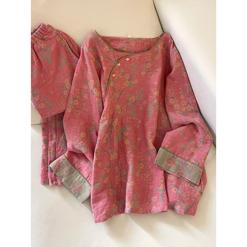 新中式春秋国风植物花卉印花睡衣女宽松复古宫廷奢华家居服两件套|undefined