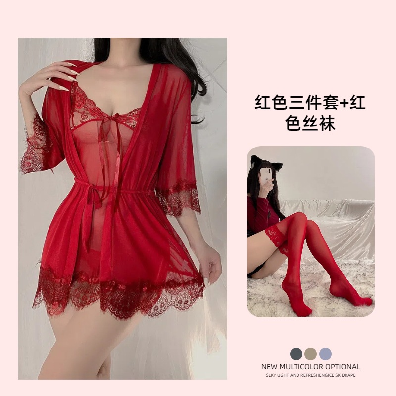 버건디 [파자마+잠옷+벨트+속옷]+버건디 무릎위스타킹