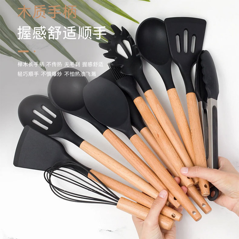 跨境硅膠廚具12件套廚房不粘鍋木柄硅膠鏟勺炒菜套裝家用烹飪用具