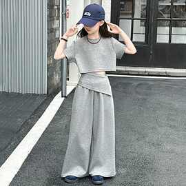 2026新款女童夏装套装新款儿童洋气短袖t恤灰色夏季运动两件套女