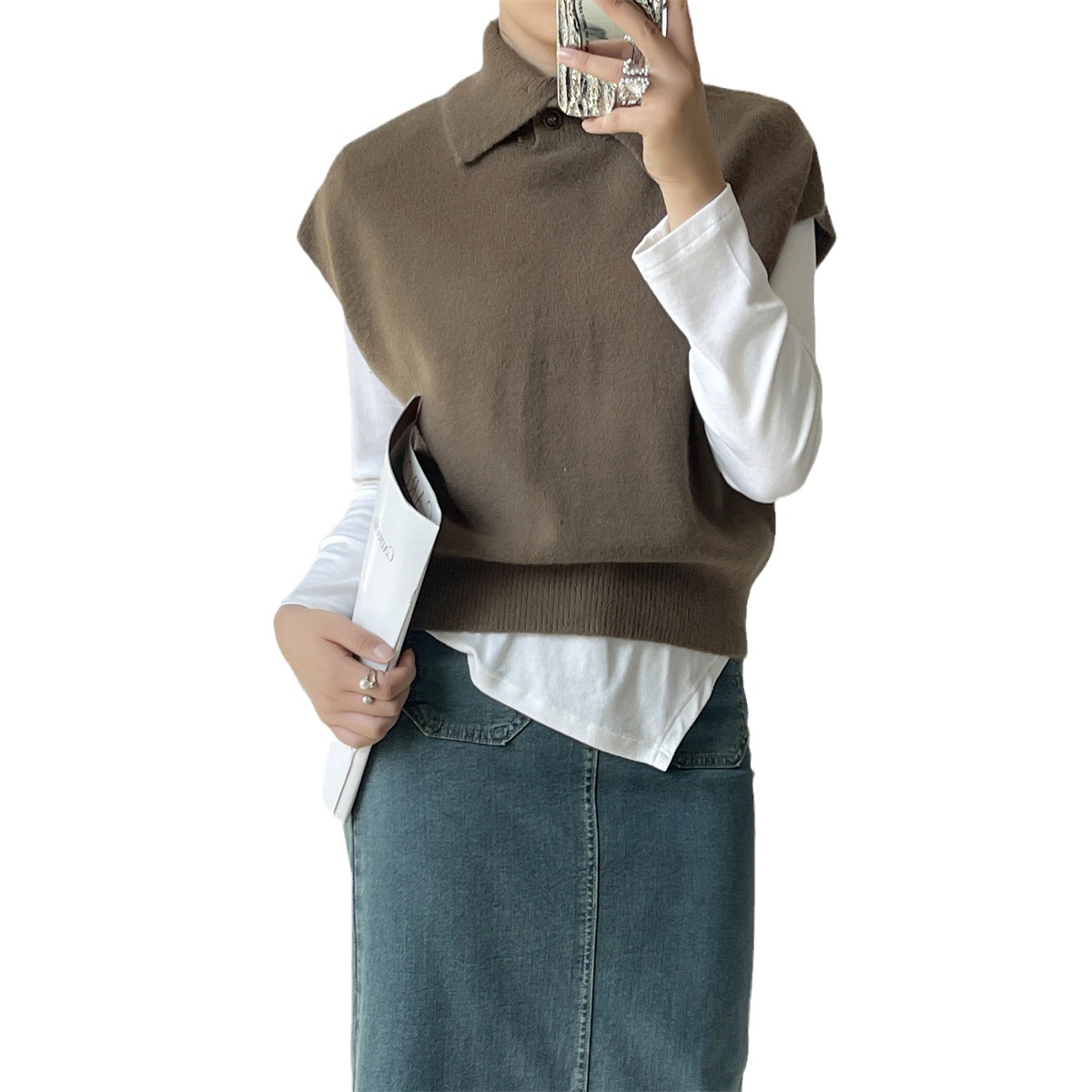 Mengzi chic cuello alto diseño exterior chaleco vintage muestra pullover sin mangas chaleco adelgazante superior X1230 image 6
