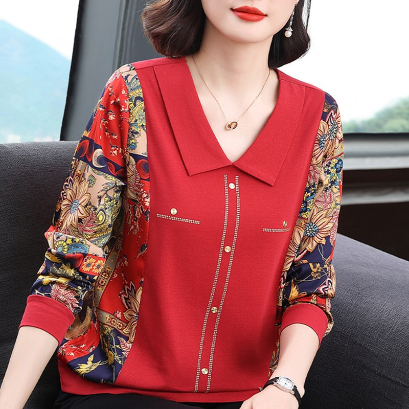 Middle-Aged and Elderly Mothers Loose Long-Sleeved T-Shirts for Women, Fashionable Chiffon Splicing Tops, Autumn Clothes, 2024 Spring & Fall Thin Shirts Middle-Aged and Elderly Mothers Loose Long-Sleeved T-Shirts for Women, Fashionable Chiffon Splicing Tops, Autumn Clothes, 2024 Spring & Fall Thin Shirts