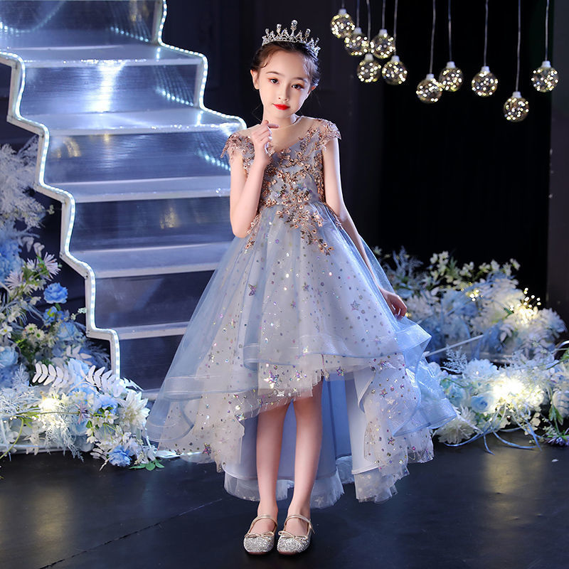 En stock vestido de novia para niños niñas sin mangas anfitrión espectáculo encaje princesa mullido vestido de gasa entrega de verano