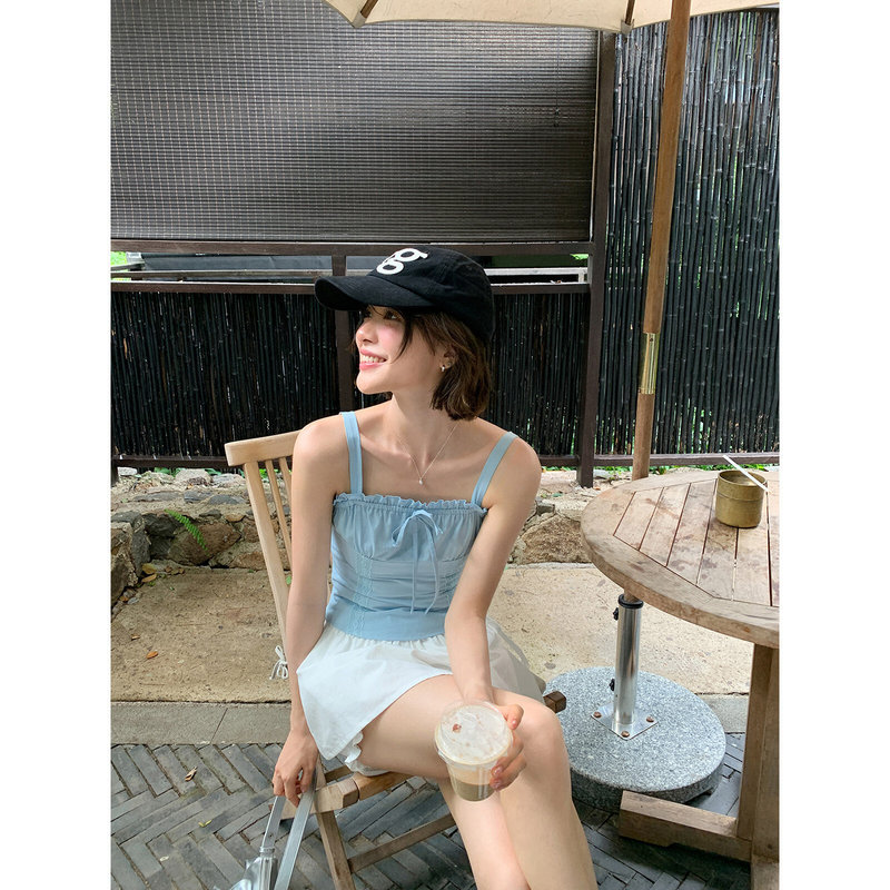 Sweet lace collar drawstring camisole top for women, summer blue, sweet design, casual tank top Sweet lace collar drawstring camisole top for women, summer blue, sweet design, casual tank top