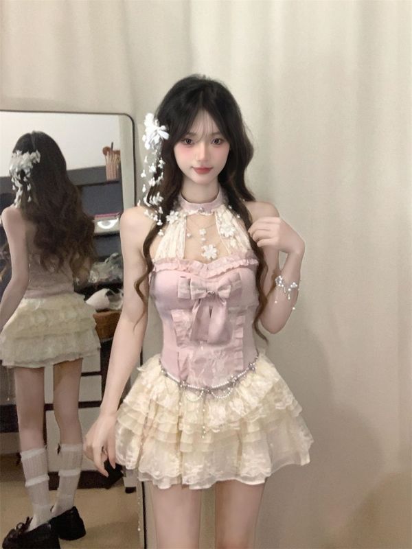 甜美纯欲风蕾丝拼接蝴蝶结挂脖上衣夏季新款高腰蛋糕半身裙套装女|undefined