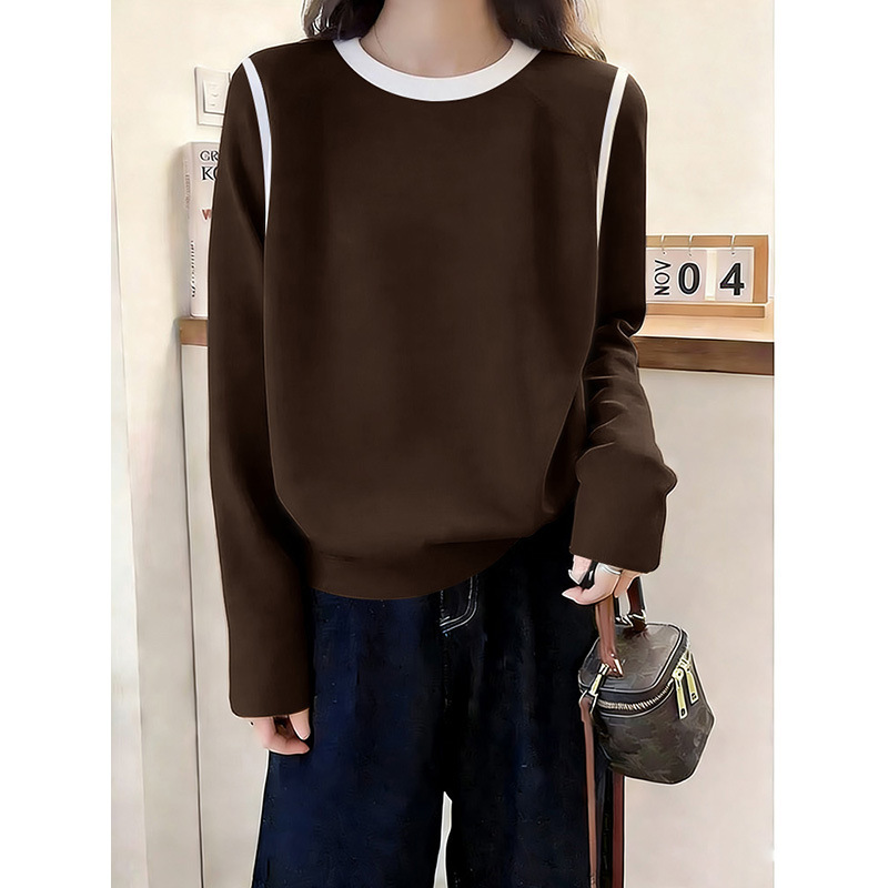Thermal Long-Sleeve T-Shirt for Women, Autumn and Winter Thickened Warm Base Layer, Deep Coffee Color, Melard Style Top