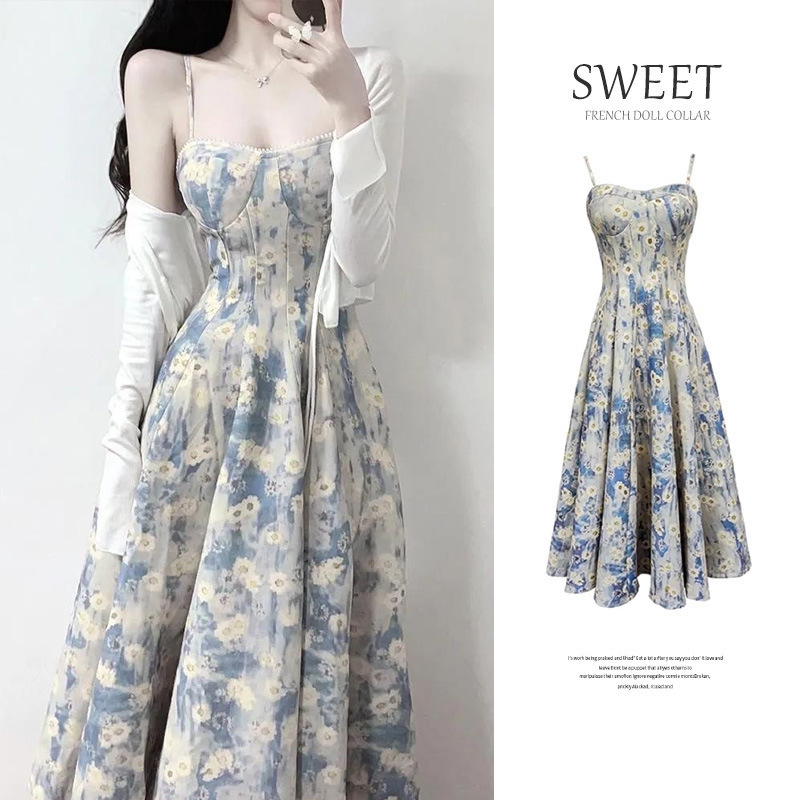 Tea Break French Pure Desire Blue Oil Painting Dress Women's Summer New Fairy Floral Waist Suspender Mid-Length Skirt