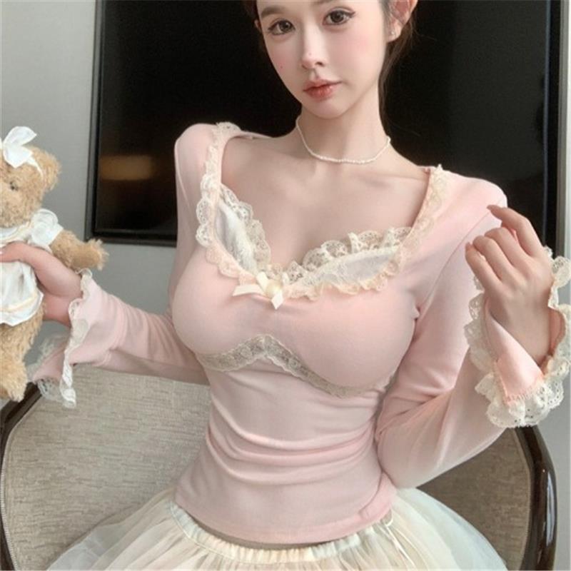 Fake Two-Piece German Velvet Long-Sleeved T-Shirt for Women in Autumn and Winter New Style Pure Desire Square Collar Top Lace Bottoming Shirt with Beautiful Inner Wear