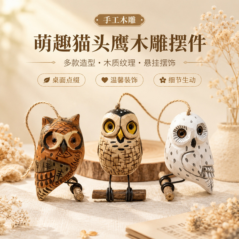 Wood Carving Handmade Wooden Crafts Small Animals Owl Home Decoration Cute Hanging Ornaments Wooden Crafts