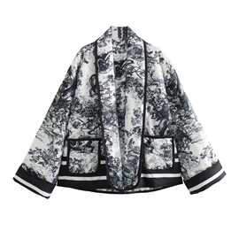 2023冬外贸跨境欧美女装印花绗缝棉服无扣棉衣  2796