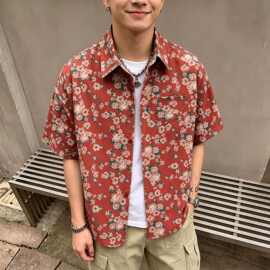港风chic复古设计感碎花衬衣夏季新款宽松短袖polo领薄款衬衫男女