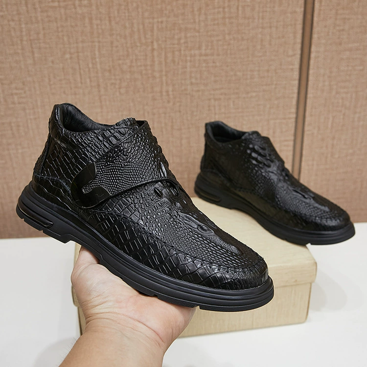 Новые мужские кожаные ботинки 2023 года, зимние теплые ботинки с плюшевой подкладкой, из натуральной кожи, морозостойкие мужские туфли с узором под крокодила, утолщенные с плюшевой подкладкой