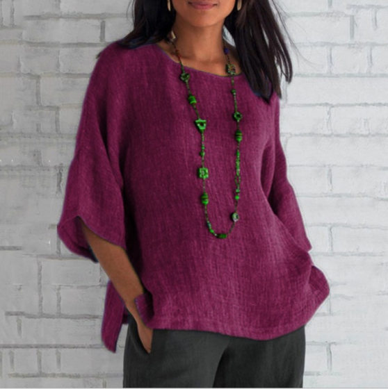 A large number of in stock in Europe and the United States Amazon new foreign trade women's seven sleeve round neck cotton and linen shirt loose top women