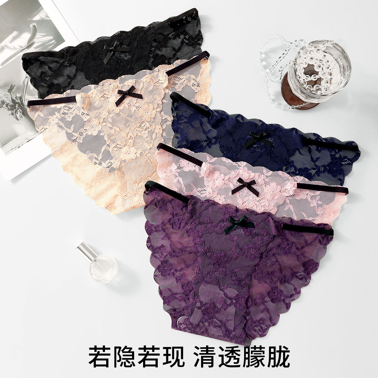 Jacquard lace sexy women's underwear, summer pure cotton crotch, low-waist, high-cut, hollow-out, seamless, breathable triangle briefs