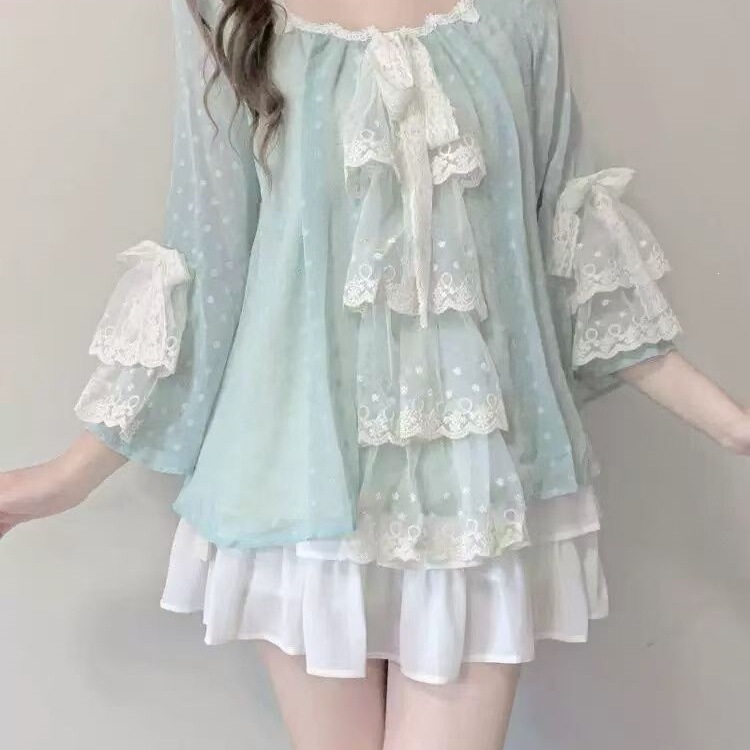Japanese Vintage Style Nana-Style Spicy Girl Thin Chiffon Top with Sweet Little Flutter Sleeves + Chiffon Tiered Skirt for Spring Outings Japanese Vintage Style Nana-Style Spicy Girl Thin Chiffon Top with Sweet Little Flutter Sleeves + Chiffon Tiered Skirt for Spring Outings