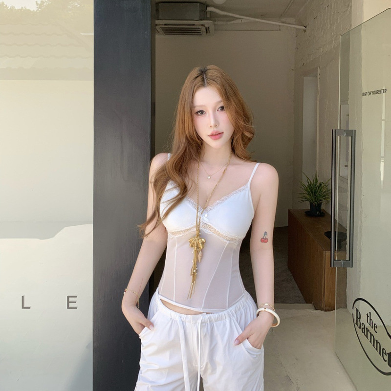 2954 # Summer new style sexy lace trim camisole for women, slim fit with fixed straps and built-in chest pads 2954 # Summer new style sexy lace trim camisole for women, slim fit with fixed straps and built-in chest pads