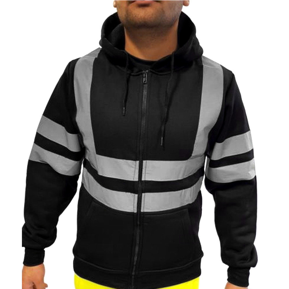 Men's Clothing reflective strip plus velvet sweatshirt outdoor sanitation work clothes zipper hooded color matching sweatshirt jacket_voghion.com