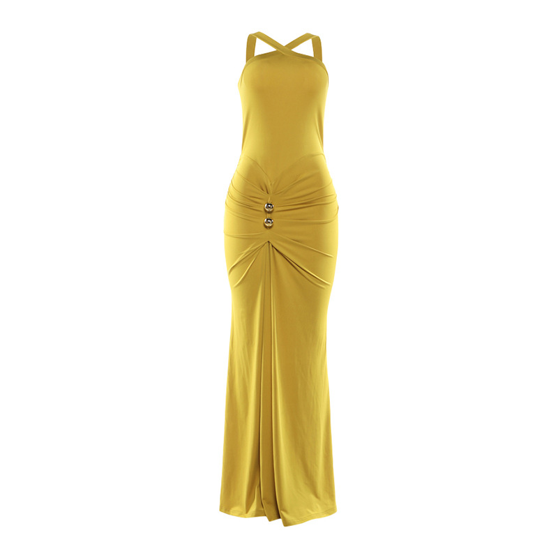 Fashionable Womens Cross Back Solid Color Pleated Fishtail Dress Slim Fit Elegant Design Perfect for Autumn and Winter