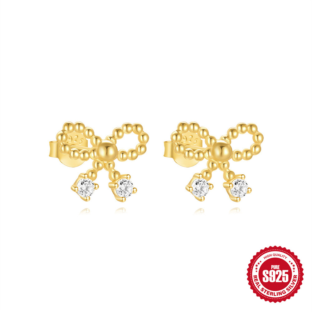 Pendientes de diseño pequeño y exquisito de plata de ley S925, lazo, perla, aretes de ambiente premium de otoño