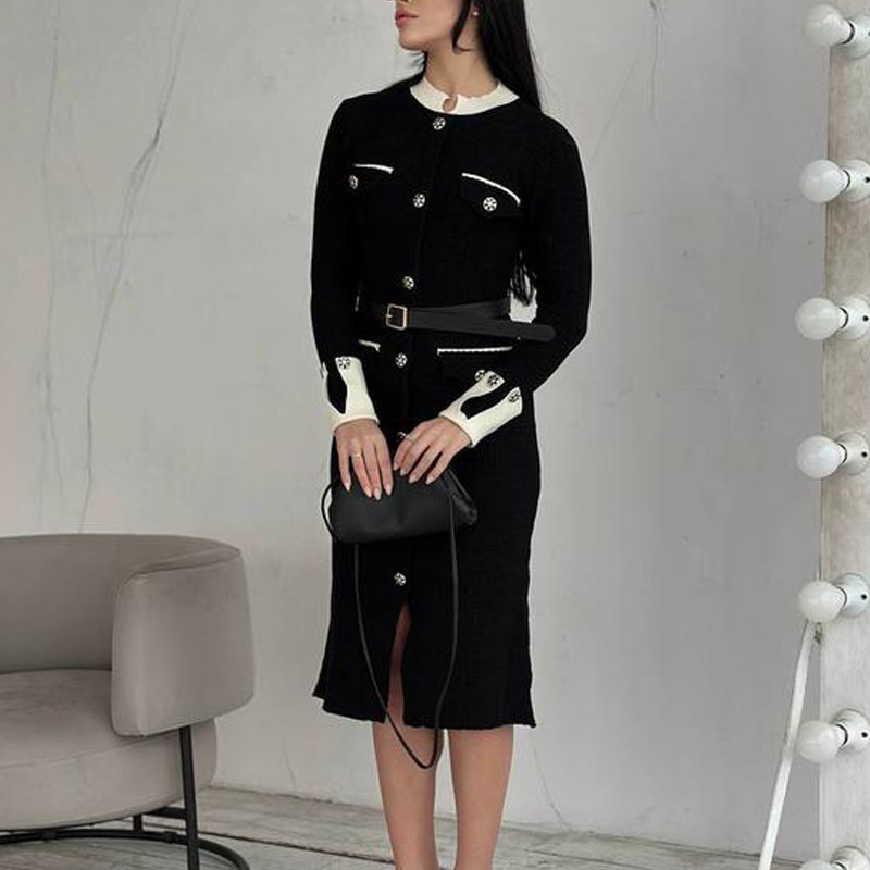 Tweed Style Black Knitted Skirt Cross-Border Autumn and Winter New Contrast Color Stand-Up Collar Belt Mid-Length Skirt Long-Sleeved Dress