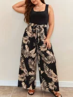 Брюки широкиеleg high-waist, женские, плюс‑размер, эластичный пояс, чёрные