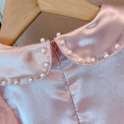 Little Girl Dress 2024 New Pearl Collar Princess Dress Children Short Sleeve Net Dress Girl Stylish Fashion Skirt