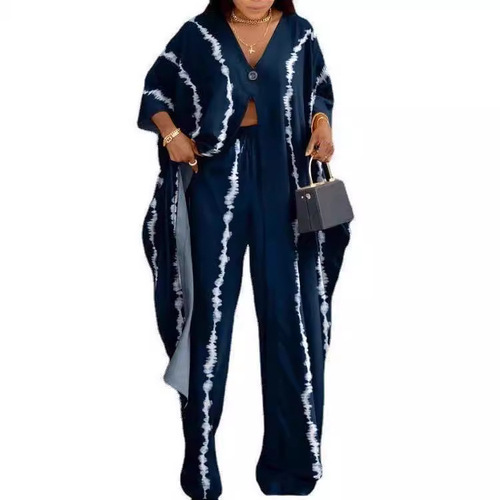 European and American cross-border women's clothing Amazon AliExpress fashion printed V-neck loose seven-quarter sleeve long shirt drawstring pants suit 