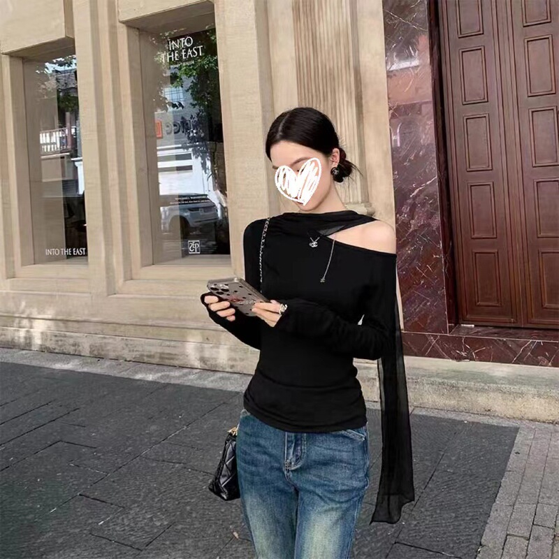 飘带设计纯色不对称斜肩长袖恤女2025秋修身显瘦上衣白色黑色|undefined