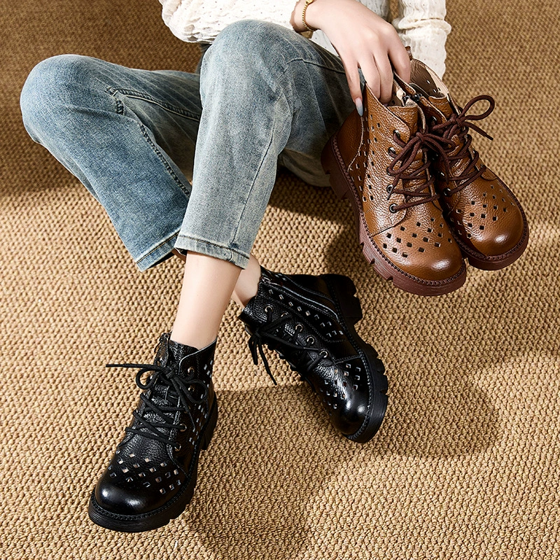 Кожаные полые сапоги Martin Летние тонкие женские дышащие верхние слои воловьей кожи прохладные сапоги короткие мягкие коричневые короткие сапоги