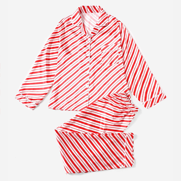 Navidad familia desgaste padre-niño desgaste Otoño e Invierno color sólido rayas satén seda artificial niños y niñas pijamas homewear traje