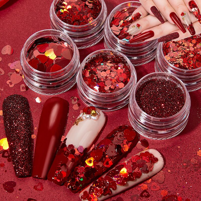 Foreign Trade Valentine's Day Nail Art Decoration 6 Box Red Valentine's Day Love Art Sequins Heart-shaped Nail Flash suit
