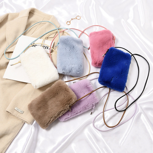 Autumn and winter new furry mobile phone bag Internet celebrity plush small bag single shoulder cross-body bag trendy vertical mini bag women's coin purse