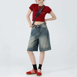 量大优 春夏新款水洗复古做旧休闲五分牛仔裤猫须廓形潮流宽松短