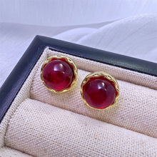 925银针简约复古红色水晶圆珠耳钉女韩国气质高级感圆形耳饰批发