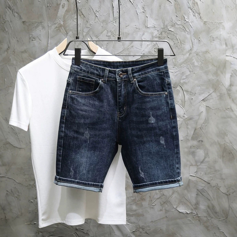 Men's Summer New Slim Straight Washed Vintage Blue Simple Versatile High Street Stylish Denim Shorts