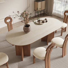 北欧实木设计师奶油风椭圆形洽谈桌小户型家用白色岩板餐桌椅组合