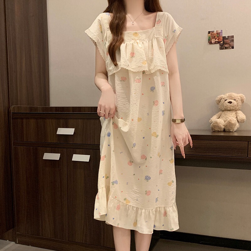 女性のためのナイトガウン夏半袖クラウドコットンラブスウィートガール 2025 新しい夏薄い女性のパジャマドレス|undefined
