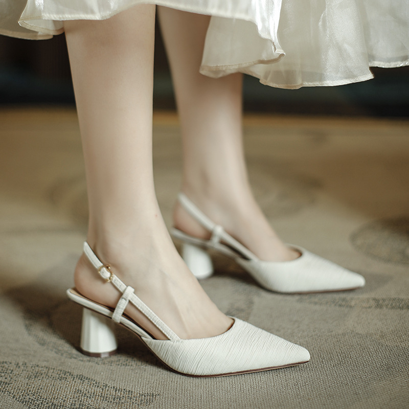 Chanel-Style Women's Shoes 2022 Summer French-Style Pointed Toe Backless Chunky Heel Sandals Satin Elegant High Heels Satin Pointed Toe