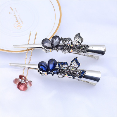 厂家自营后脑勺发夹电镀古银蓝色水钻发夹女式盘发韩版发夹鸭嘴夹