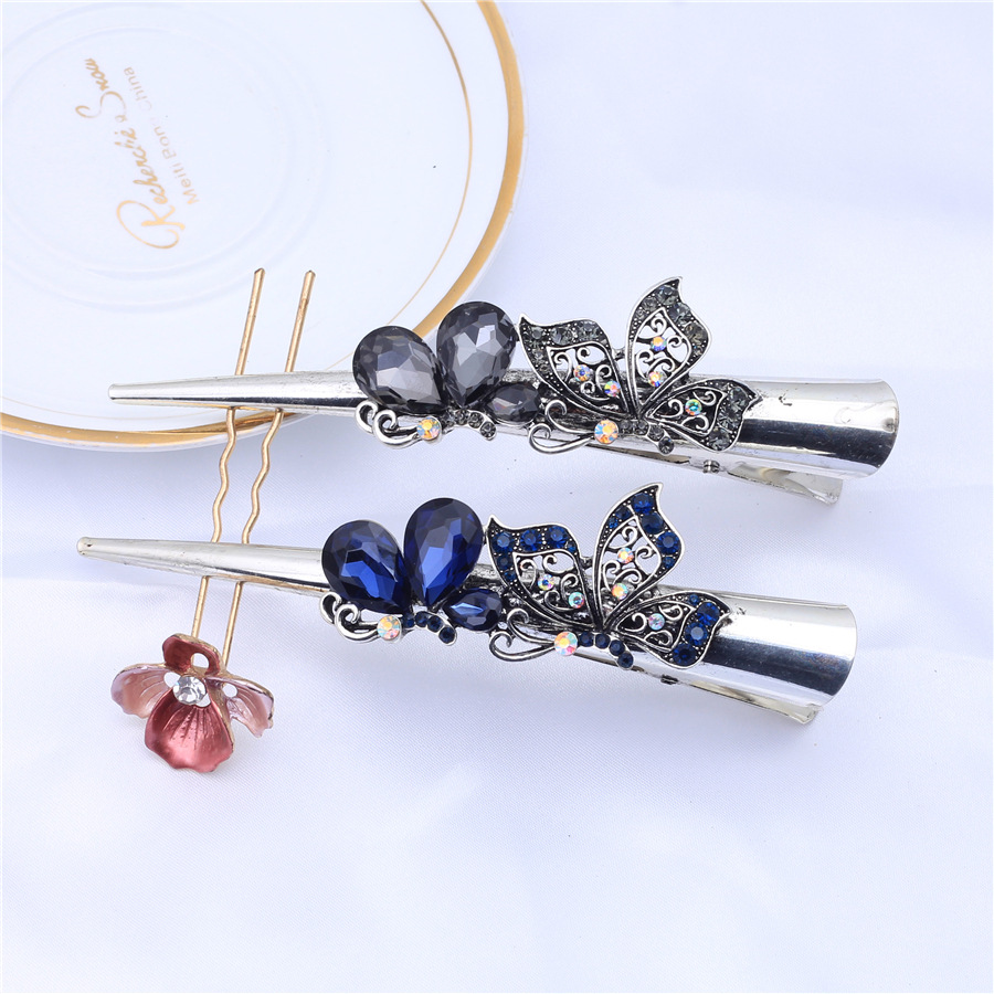 厂家自营后脑勺发夹电镀古银蓝色水钻发夹女式盘发韩版发夹鸭嘴夹