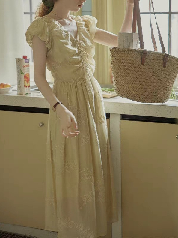 「クリスタルアンバー」フレンチレトロウエスト痩身ドレスレディースクラシックウエストガールドレスパフスリーブ刺繍|undefined