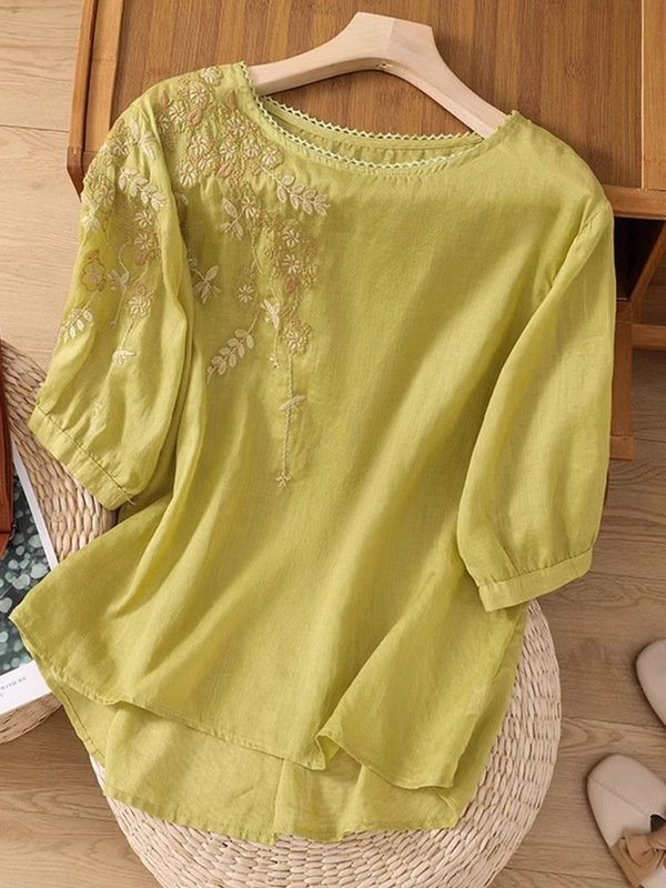 刺繍入りコットンとリネンの女性用半袖Tシャツ2025夏新作マザーズハイエンドリネンとラミールーズスリミングトップ|undefined