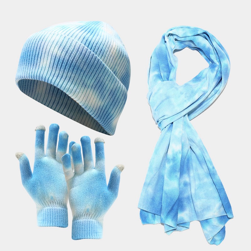 New Tie Dyed Knitted Glove Scarf Women's Autumn and Winter Outdoor Cold Protection Hat Three piece Set for Men_voghion.com