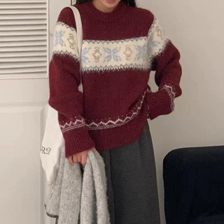 韩系软糯费尔岛提花圆领毛衣女秋冬针织衫慵懒风复古上衣套头女