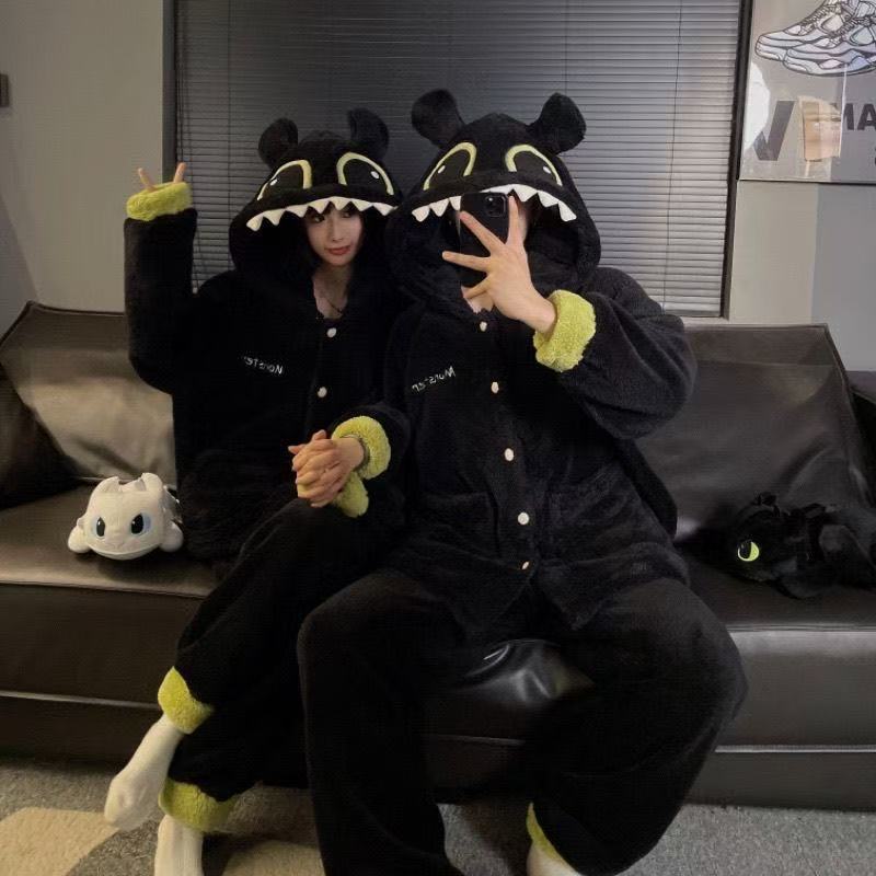 Toothless Autumn and Winter Coral Velvet Couple Pajamas Women's Thickened Warm Men's Hooded Cute Home Clothes Set