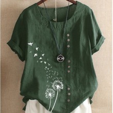 跨境2025夏季新款亚马逊速卖通复古棉麻印花宽松短袖休闲衬衫女