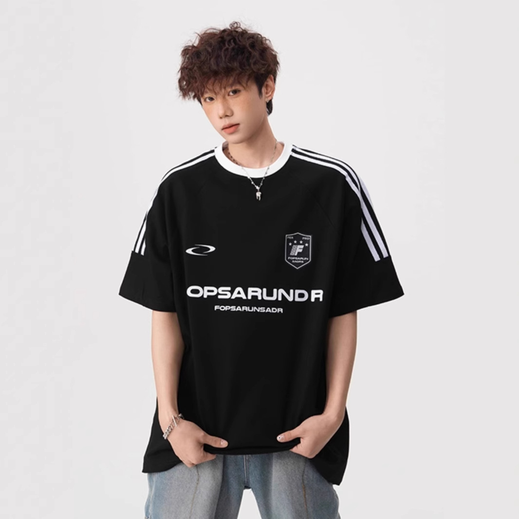 American Street Three Bars Short-sleeved Men's and Women's 2025 Summer Loose Round Neck T-shirt Teenager Heavy Sports T-shirt